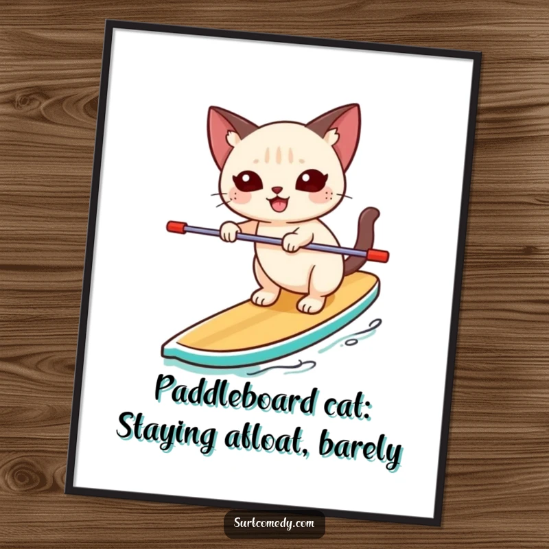 Funny Free Printable Wall Art: Siamese cat happily balances on a paddleboard, looking unsteady but cheerful, a fun artwork.