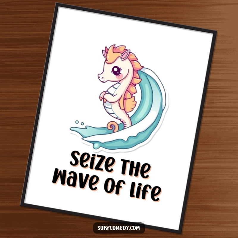 Funny Free Printable Wall Art: A cute kawaii seahorse gracefully rides a stylish curling ocean wave, bringing beachy vibes.