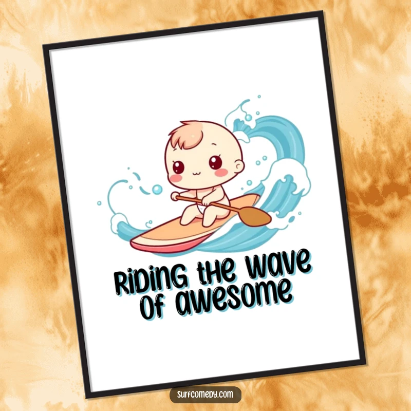 Funny Free Printable Wall Art: A Kawaii character peacefully paddling a surfboard through stylized, gentle blue ocean waves.