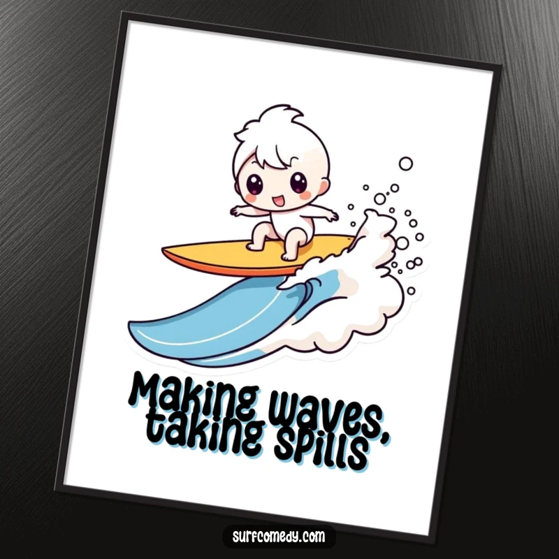 Funny Free Printable Wall Art: A Kawaii character hilariously wiping out on a surfboard creating a huge splash.