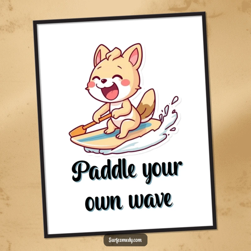 Funny Free Printable Wall Art: Excited animal paddling furiously with surfboard, conveying energy and a zest for life.