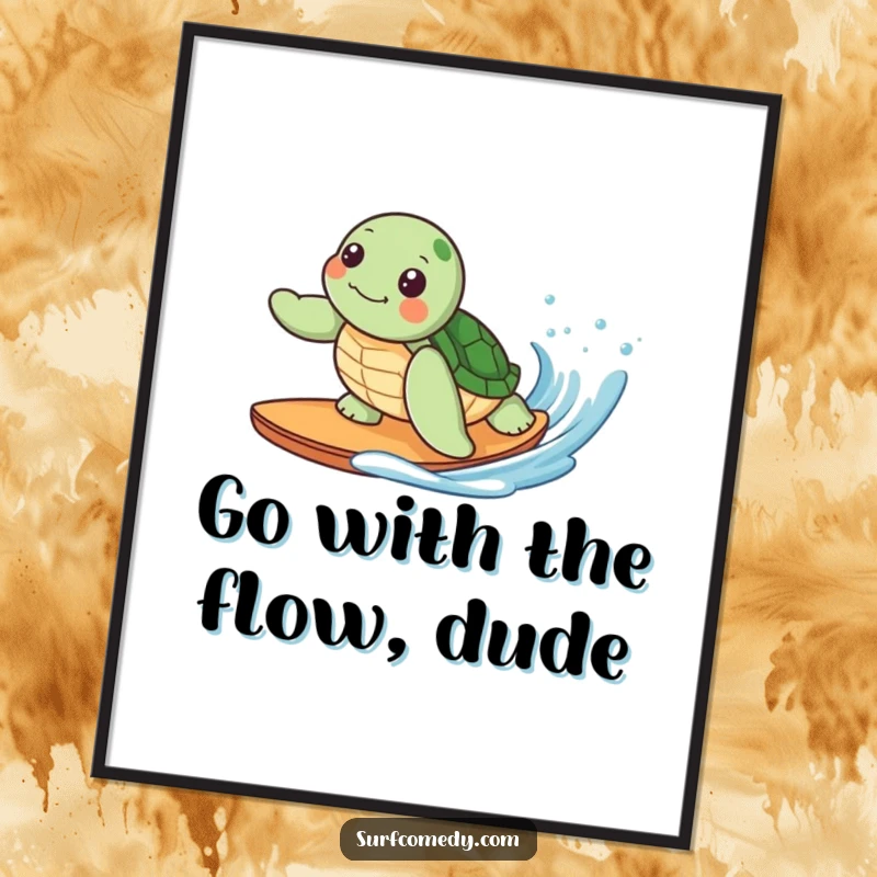 Funny Free Printable Wall Art depicting a cute kawaii sea turtle character joyfully surfing a serene ocean wave.