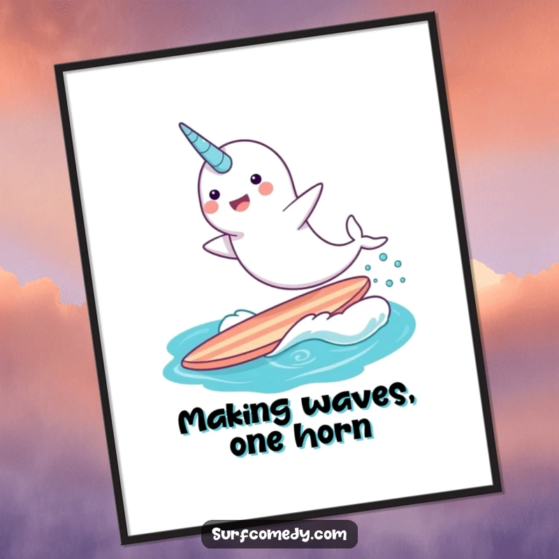 Funny free printable wall art of a cheerful narwhal leaping high out of the water on a surfboard, its horn glinting.