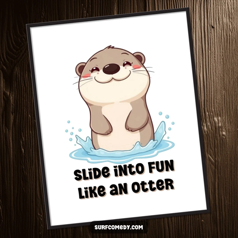 Funny Free Printable Wall Art: Sea otter with a massive grin sliding through a water spray, embodying pure fun.