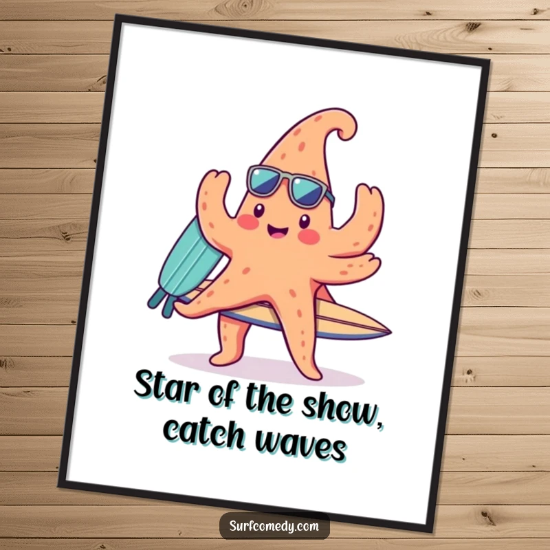 Funny Free Printable Wall Art of a cute kawaii starfish character balancing a surfboard, embodying beach fun.