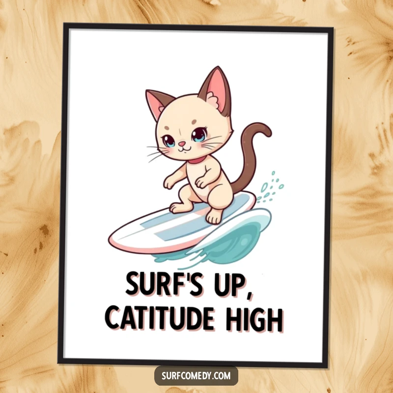 Funny Free Printable Wall Art: A debonair Siamese cat character posing elegantly on a surfboard, riding a mellow ocean swell with ultimate coolness.