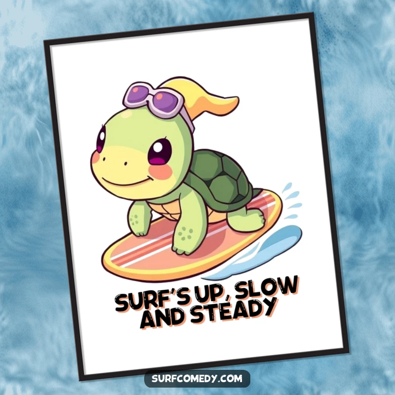 Funny free printable wall art of a happy turtle masterfully surfing a surfboard, catching a perfect wave with a huge grin.