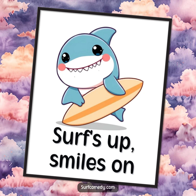Funny Free Printable Wall Art: A smiling kawaii shark with big eyes playfully nudges a surfboard, creating coastal art.