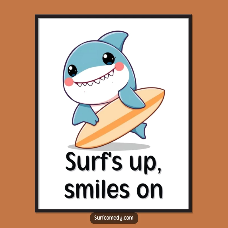 Funny Free Printable Wall Art: Kawaii Shark Surfing - Downloadable Coastal Decor