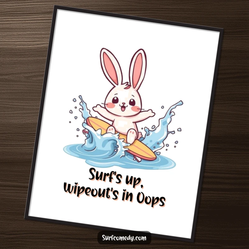 Funny Free Printable Wall Art: Rabbit surfer comically wipes out in a water splash, looking surprised, a fun artwork.