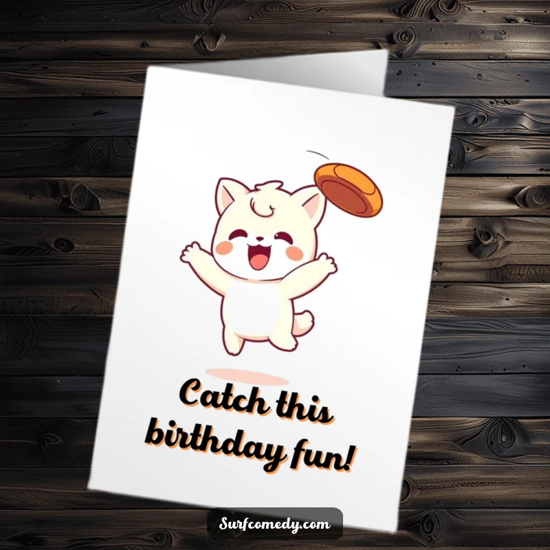 Funny Free Printable Birthday Card: Kawaii character leaping joyfully to catch a frisbee mid-air, bringing smiles.