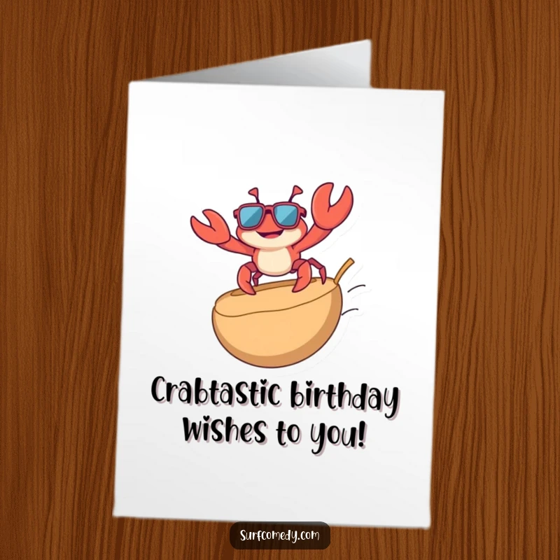 Funny Free Printable Crab Birthday Card, a playful crab in sunglasses surfing a coconut, looking super cool.