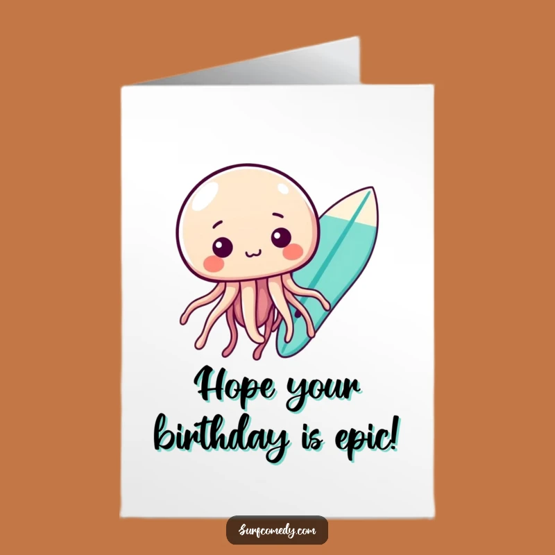 Free Printable Birthday Card: Curious Jellyfish & Surfboard - Whimsical Download