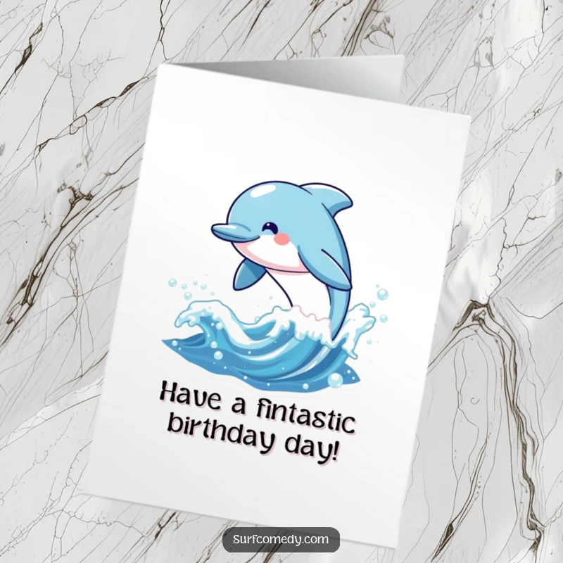 Funny Free Printable Birthday Card of a cheerful kawaii dolphin character leaping high out of a sparkling blue wave.