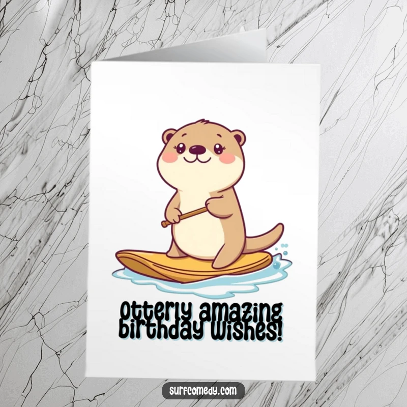 Funny Free Printable Birthday Card: Kawaii sea otter paddling a bobbing board with intense focus.