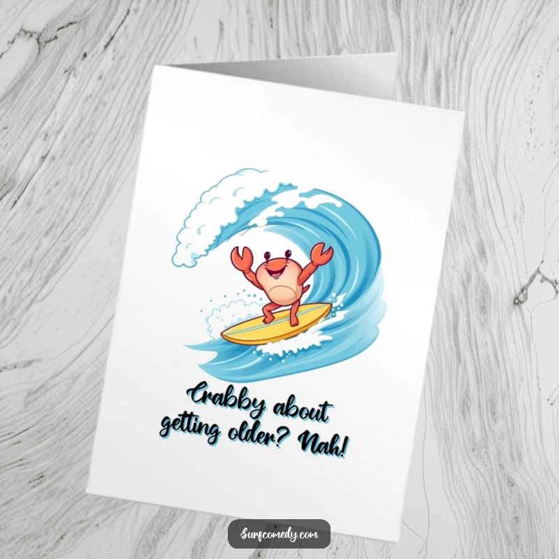 Funny Free Printable Birthday Card: Happy crab handstand surfing on a board with a big grin.