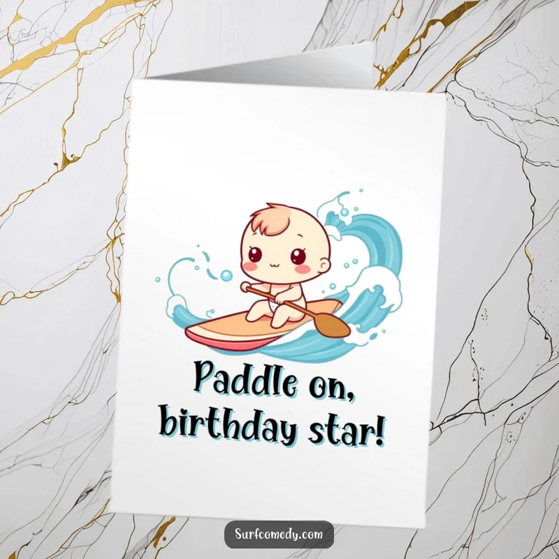 Funny Free Printable Birthday Card: A cheerful Kawaii character playfully paddles a surfboard through stylized blue ocean waves.