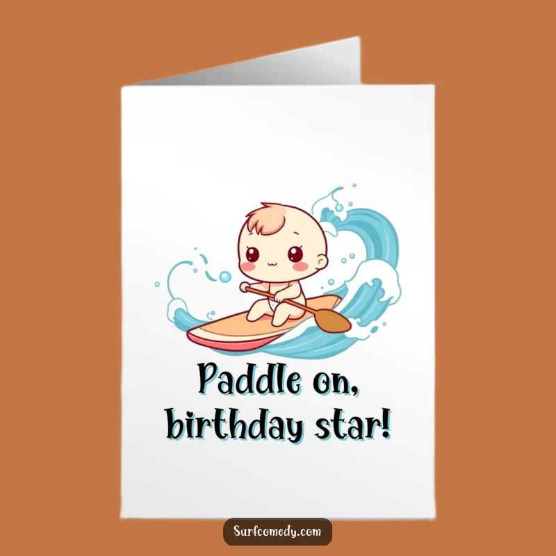 Free Printable Birthday Card: Kawaii Surfer Paddling Playful Waves Funny Downloadable Gift