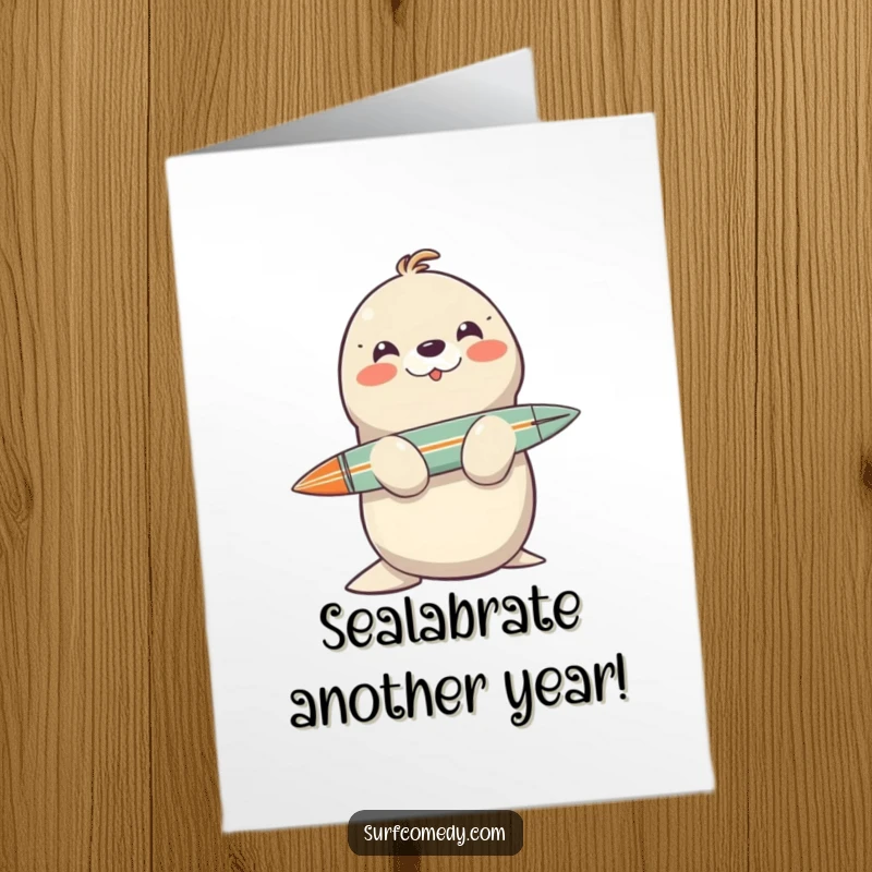 Funny Free Printable Birthday Card: Smiling seal balancing a surfboard on its nose, ready to party.