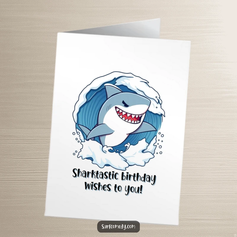 Funny Free Printable Birthday Card: Determined shark with a grin carving through a wave, full of power.