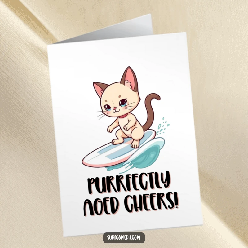 Funny Free Printable Birthday Card: A sleek Siamese cat surfer striking a cool pose on a surfboard, riding a gentle ocean swell with style.