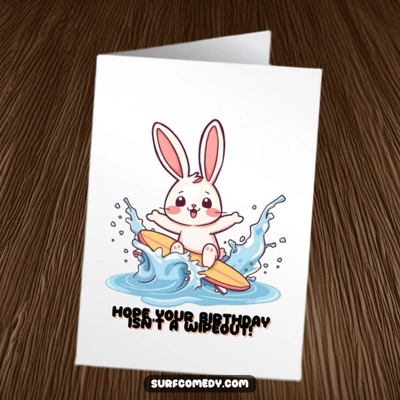 Funny Free Printable Birthday Card: Rabbit surfer comically wipes out in a water splash, looking surprised, for a birthday.