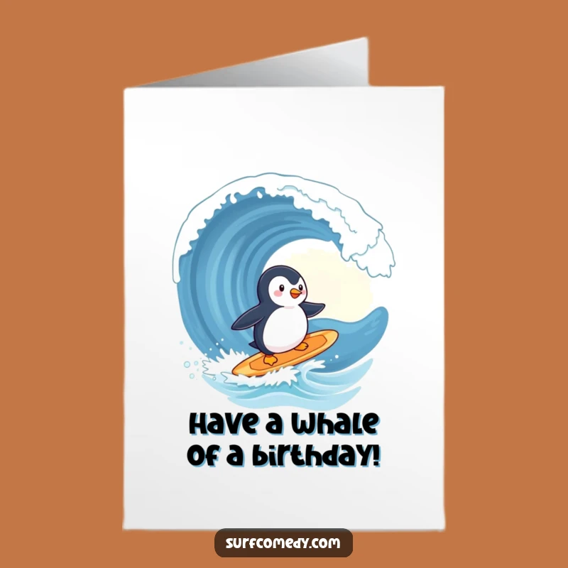 Free Printable Birthday Card: Penguin Surfer Wave Bash, Fun Downloadable Gift