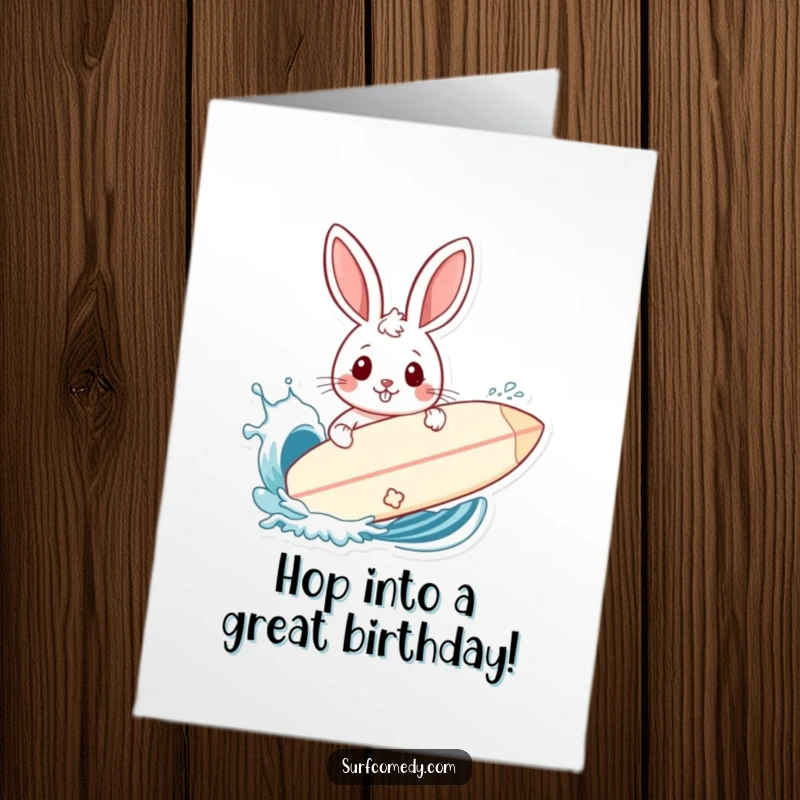 Funny Free Printable Birthday Card: Rabbit using a surfboard as a shield from a playful ocean wave splash.