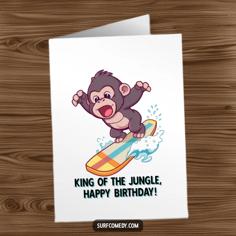 Funny Free Printable Birthday Card: Gorilla in mid-air dive off surfboard into ocean, pure joy.