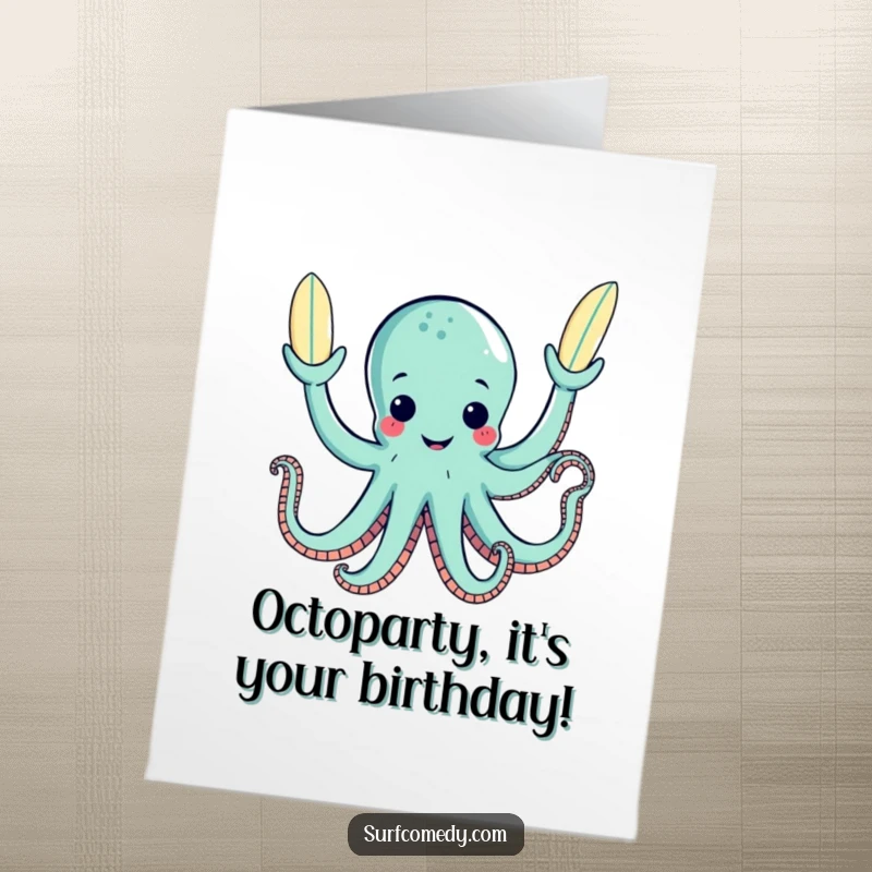 Funny Free Printable Birthday Card: Happy octopus juggling surfboards, celebrating your big day with extra arms.