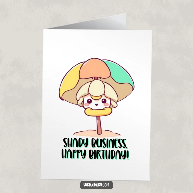Free Printable Birthday Card: A smiling Kawaii character peeks playfully from inside a beach umbrella, wishing happy birthday.
