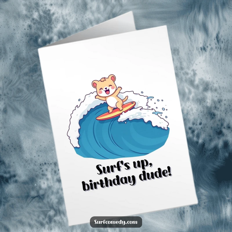 Funny Free Printable Birthday Card of a happy animal character joyfully surfing a giant wave with a huge grin.
