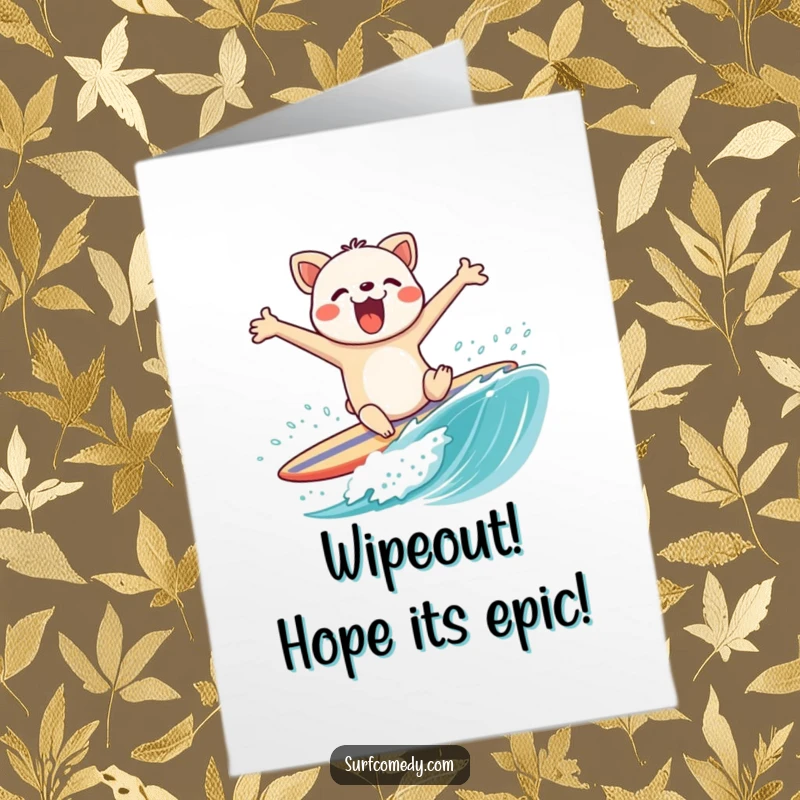 Funny Free Printable Birthday Card: Surfing animal comically wipes out on a surfboard, flailing arms wildly, hilarious DIY gift.