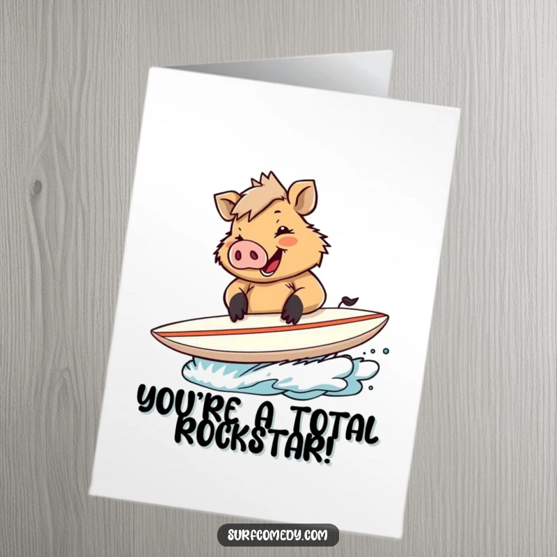 Funny Free Printable Congrats Card: Boar surfer signing autographs on a surfboard, looking thrilled.