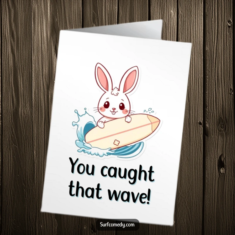 Funny Free Printable Congrats Card: Rabbit holding a surfboard as a shield against a big splash.