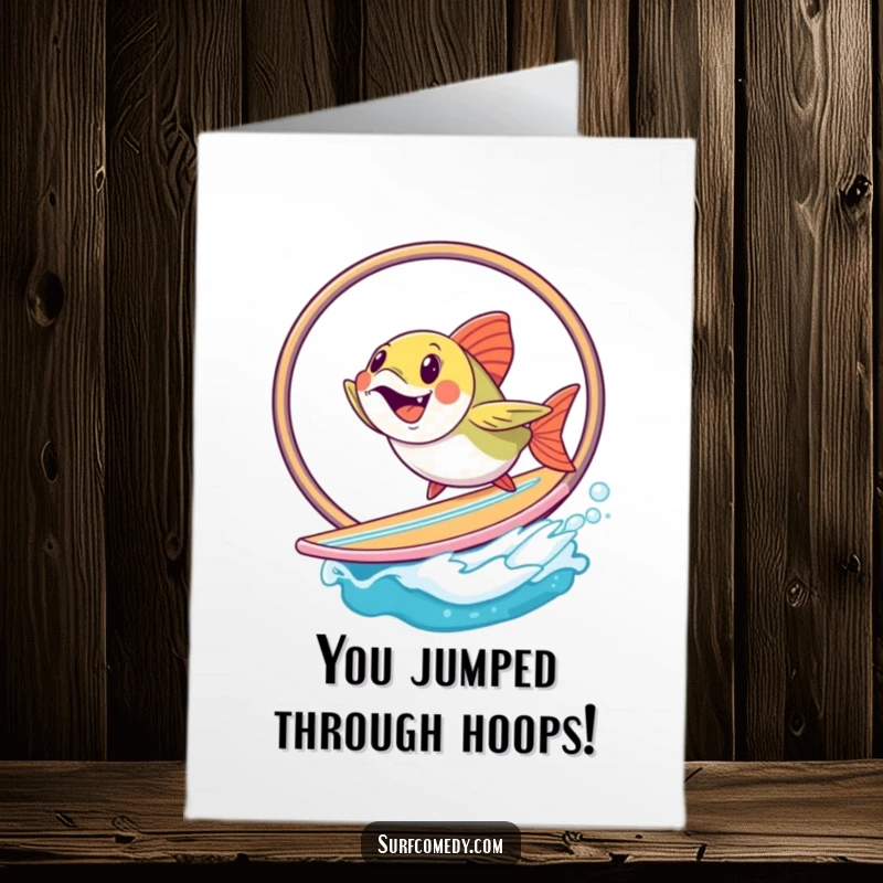 Funny Free Printable Congrats Card: A happy fish gracefully jumps through a hoop on a surfboard, celebrating a spectacular win.