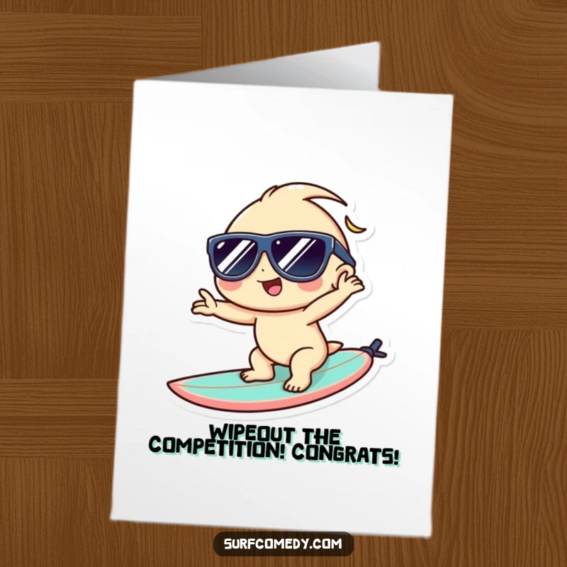 Funny Free Printable Congrats Card: Kawaii character in sunglasses looking effortlessly cool on a surfboard, celebrating.