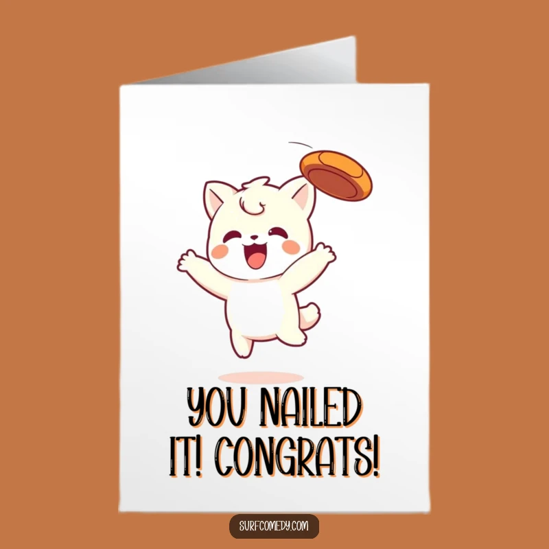 Free Printable Congrats Card: Kawaii Character's Frisbee Catch for Your Success!