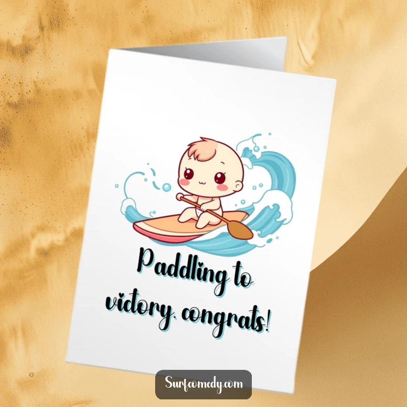 Funny Free Printable Congratulations Card: Kawaii character paddling a surfboard through gentle, stylized ocean waves, a journey.