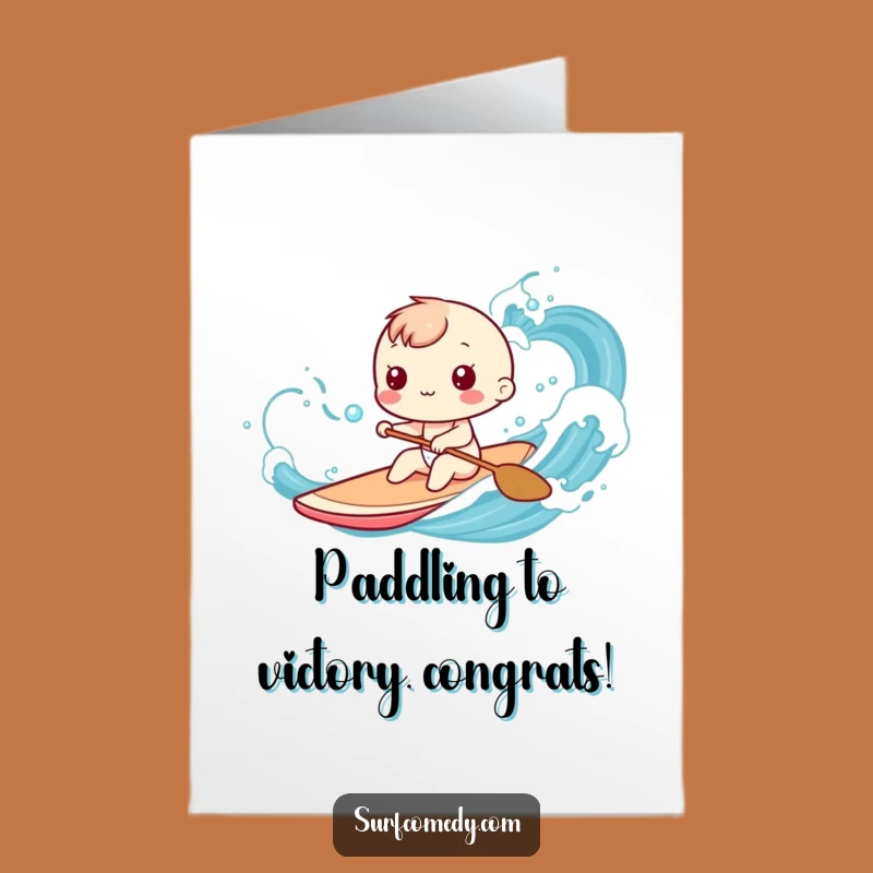 Free Printable Congrats Card: Kawaii Surfer Paddling Success Journey Funny Downloadable Gift