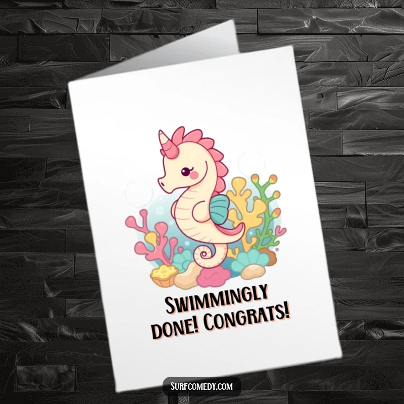 Funny Free Printable Congratulations Card, a cheerful kawaii seahorse gliding through vibrant coral, ocean-themed downloadable gift.