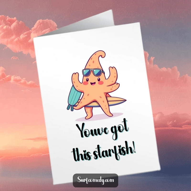 Funny Free Printable Congrats Card showing a cute kawaii starfish character ready to surf with a surfboard.