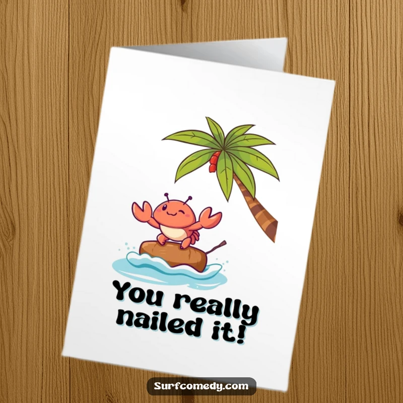 Funny Free Printable Congratulations Card showing a Kawaii crab attempting to surf a coconut, celebrating a stylish victory with humor.