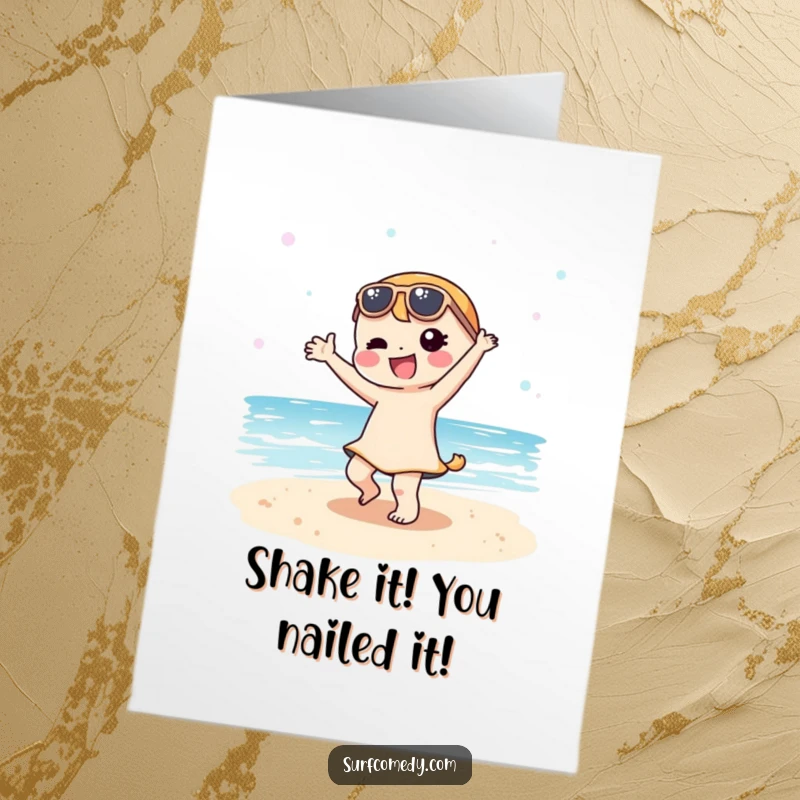 Funny Free Printable Congratulations Card: A delighted Kawaii character performs a silly dance on a sandy beach, celebrating success.
