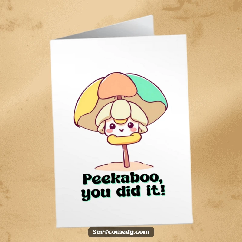 Free Printable Congratulations Card: A happy Kawaii character peeks out from a beach umbrella, celebrating their big win.