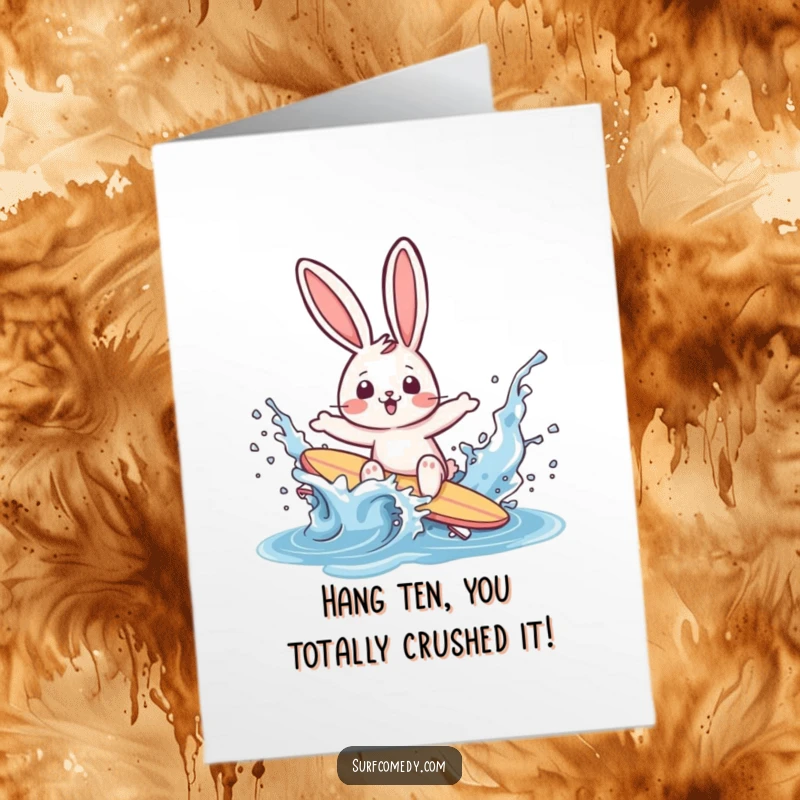 Funny Free Printable Congratulations Card: Rabbit surfer comically wipes out in a water splash, a funny congratulatory image.