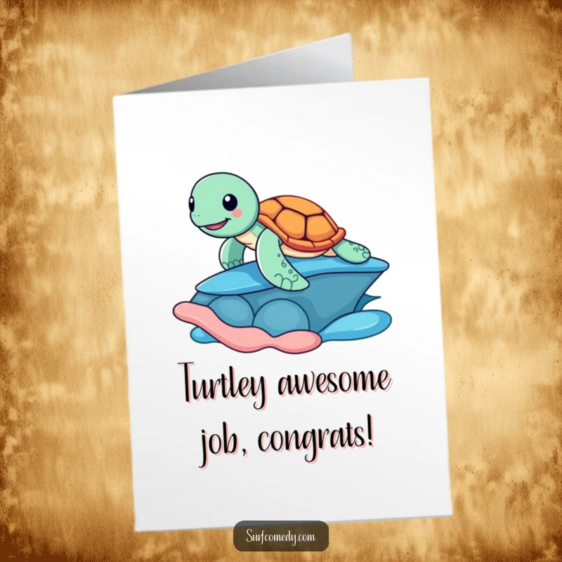 Funny Free Printable Sea Turtle Congratulations Card, a cheerful turtle surfing, celebrating a major win with style.
