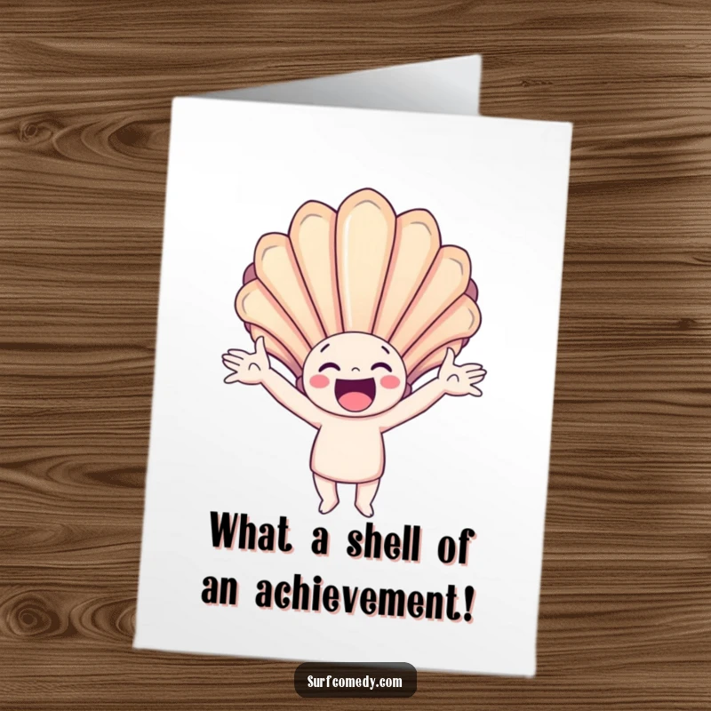 Funny Free Printable Congrats Card: Happy character catches giant colorful seashell, celebrating a success.