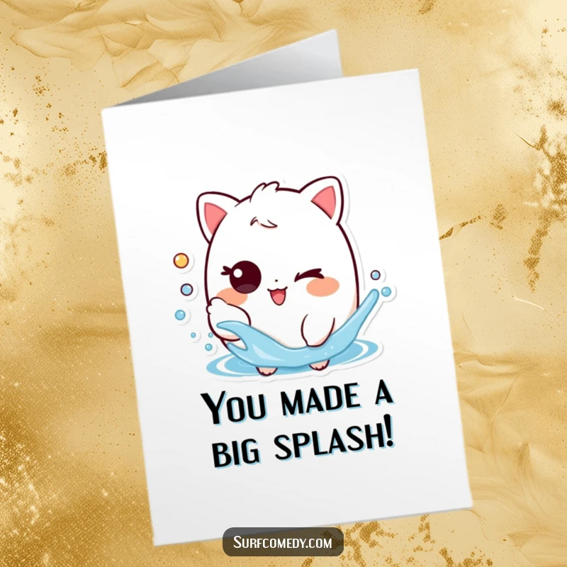 Funny Free Printable Congrats Card: Playful character winks and splashes water, celebrating a victory.