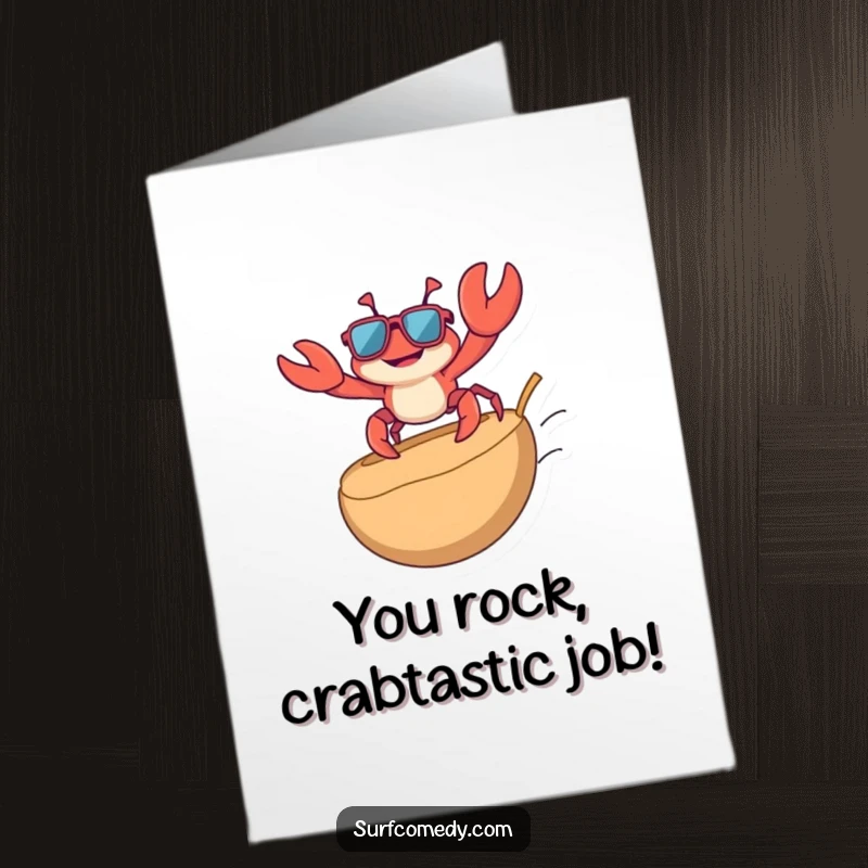 Funny Free Printable Crab Congratulations Card, a crab in sunglasses surfing a coconut, celebrating a major win.